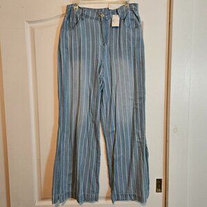NWT Cato Blue Striped Lightweight "Denim" Split Cuff Wide leg Beach Pants Sz 10